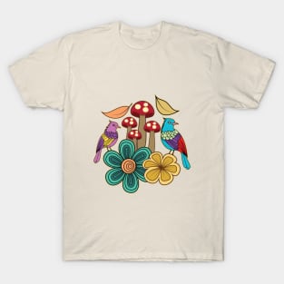 Fantasy Birds With Floral Design T-Shirt